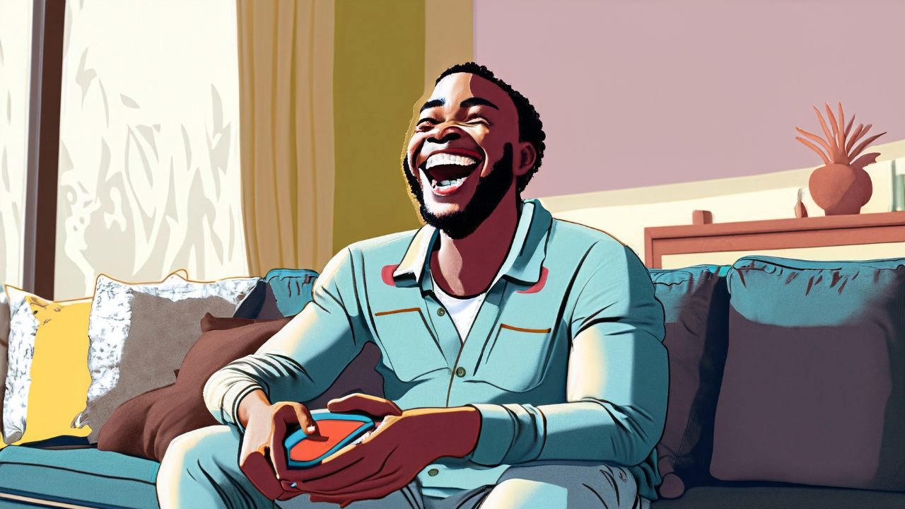 Black man laughing at black sitcoms on TV