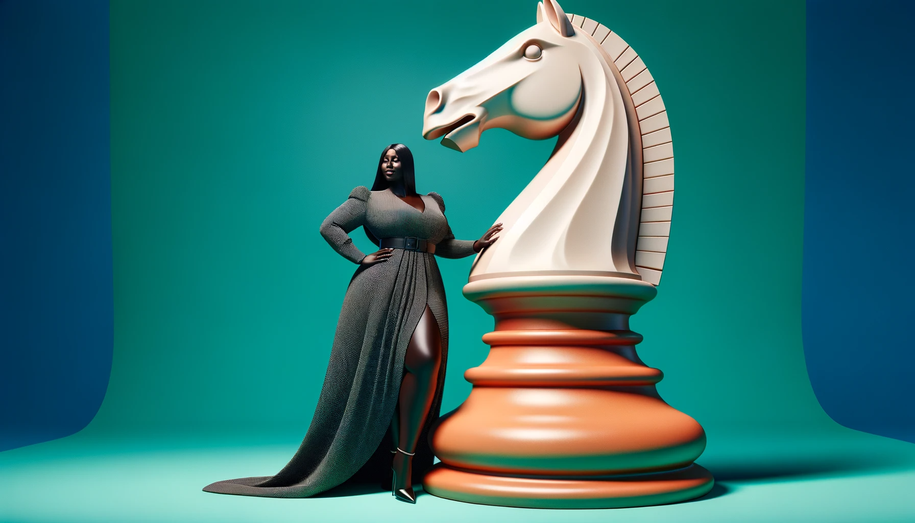 A Black woman standing next to a chess piece.