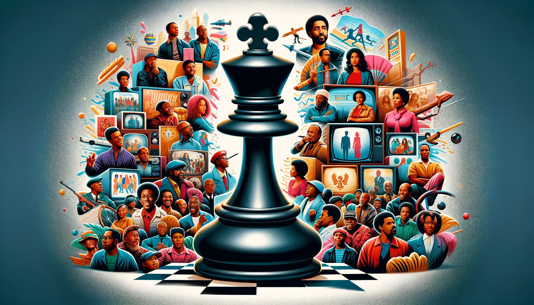 A king chess piece surrounded by figures from black content. 